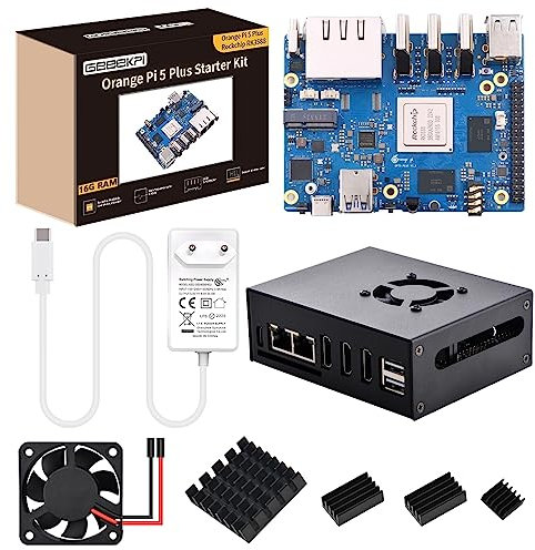 GeeekPi Orange Pi 5 Plus 16GB LPDDR4/4x Rockchip RK3588 8-Core 64-Bit Single Board Computer mit eMMC Socket, OPi 5 Plus Metal Gehäuse mit Lüfter, Official Orange Pi 5V 4A Netzteil für Orange Pi 5 Plus