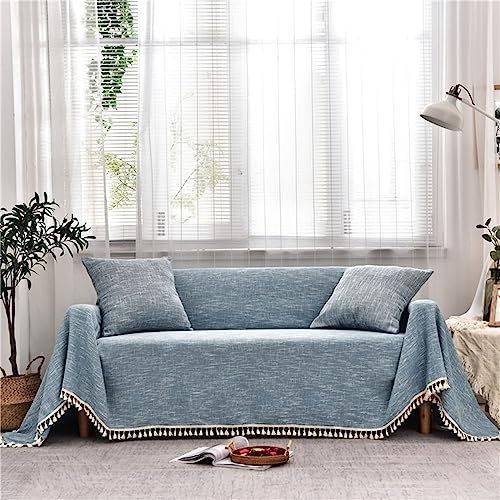 Homxi Couchbezug Zweisitzer,180x260CM,Sofa Überzug Universal Einfarbig mit Quaste Sofabezug Leinen Baumwolle Sofa Handtuch Blau Sofabezug Decke