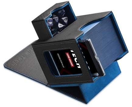 Mage Tech Card Deck Box for MTG Commander - Patented Design, Commander Display, Fits 100 Double-Sleeved Cards, 35pt Card Brick & Dice Tray - Black/Blue