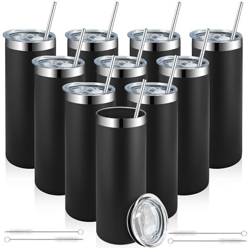 10 Pack Stainless Steel Skinny Tumblers with Lids and Straws 20 oz Double Wall Vacuum Insulated Tumbler Cup Graduation Teacher Nurse Gifts Mug with Cleaning Brush Cold Hot Drinks (Black)