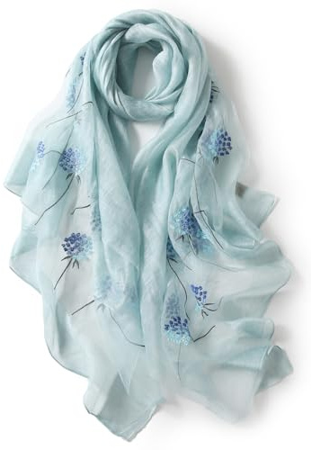 Anvevkn Women's Silk Embroidered Scarf Lightweight Shawls and Wraps for Weddings Fashion Elegant Pashmina Shawl Embroidered Scarves(B-Blue)