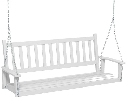 KOMFOTTEU Columpio de Madera de Álamo de 2-3 Plazas, Banco Colgante con Cadenas Ajustables de Metal, Silla Hamaca con Respaldo de Listones, Asiento Suspendido de Jardín (Blanco, 168 x 65 x 63 cm)
