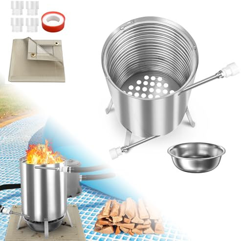 LARS360 Chauffage de piscine à bois de chauffage 32/38 mm - Raccords - Chauffage de piscine avec feu - En acier inoxydable - Avec spirale chauffante - Seau chauffant avec tapis et sac résiduel - Bac