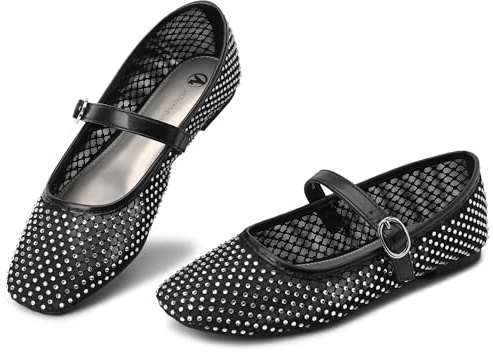 HOMETRUE - Women's Mesh Ballet Flats Rhinestone Mary Jane Ballerina Breathable Summer Sandals Ladies, Black -, 27.0 cm