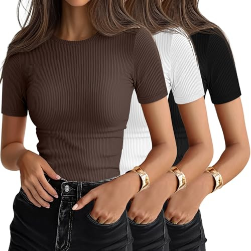 Ficerd 3 Pack Women's Ribbed T-Shirts, Cotton Short Sleeve Basic Tees Crewneck Fitted Tops Casual Shirts 2026 Summer Trendy(Black, White, Brown,Medium)