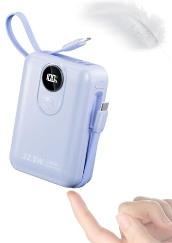 Batería externa de 20000 mAh con cable incorporado: 22,5 W Power Bank de carga rápida para teléfono móvil, batería USB C (Input & Output), cargador portátil con 4 salidas y 2 entradas-Bleu