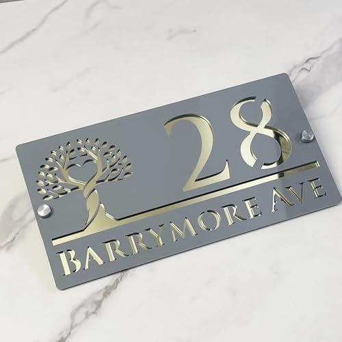 Numéro de maison personnalisé arbre de vie - Décoration murale d'extérieur pour porte d'entrée (gris-or)
