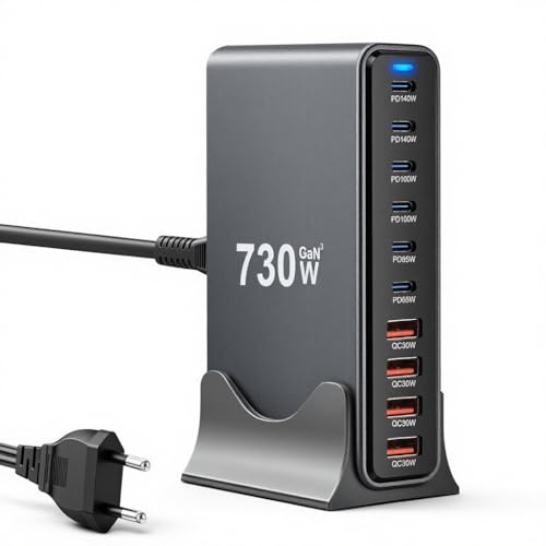 Caricatore USB C 730W, Stazione di carica 10 porte di Gan III, Caricatore rapido adattatore settore per laptop 140W, Alimentazione PD, compatibile con iPhone/Samsung/Google/Laptop/MacBook Pro/Air/Dell