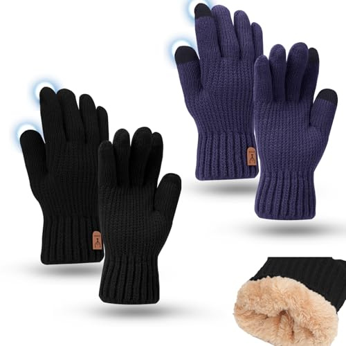 Mayoii 2PCS Winter Gloves for Men and Women,Thermal Knit Touchscreen Gloves with Fleece Lining,Womens Mens Glove Touchscreen for Running,Ski,and Cold Weather (Black+Navy, One Size)