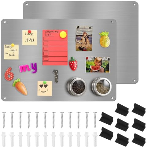 2 Pack Magnetic Board for Wall,42 x 30cm Fridge Magnet Board,Stainless Steel Magnet Display Boards to Notes Photos Spice Jars,Thin Magnetic Notice Boards for Kitchen Home Office