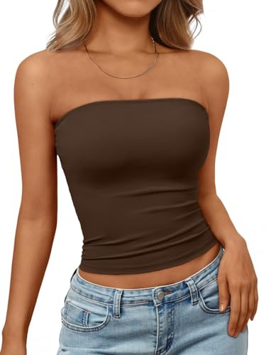 Trendy Queen Womens Strapless Tube Tops Basic Backless Sleeveless Bandeau Going Out Crop Tops Cute 2025 Summer Clothes Chocolate S