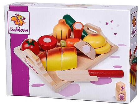 Eichhorn 100003731 Schneidebrett, mit diversen Holzteilen zum Schneiden, 8 teilig, 25 x 14 x 3.5 cm, bunt, 25x14x3,5cm