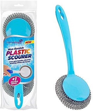 HOMESHOPA Non Scratch Plastic Scourer with Refill, Long Handle Washing Up Scourer Scrub Brush with Stainless Steel Scouring Pad, Kitchen Dishwashing Metal Sponge Wire Brush for Cookwarem Pots, Pans