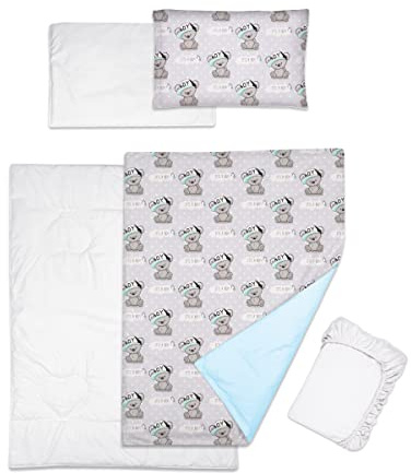 Set di 5 pezzi per lettino da bambino, con federe e lenzuolo in jersey, per lettino da 120 x 60 cm (It's a Boy)