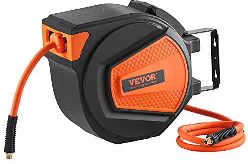 VEVOR Retractable Air Hose Reel, 3/8IN x 50FT Hybrid Air Hose Max 300PSI, Air Compressor Hose Reel with 5 ft Lead in, Ceiling/Wall Mount Enclosed Air Reel, 180° Swivel Mount