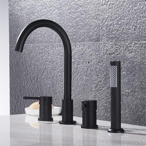 XJTNLB Rubinetto Doccia Bagno Rubinetteria Bordo Vasca 4 Fori, Miscelatore Vasca da Bagno con Doccetta Nero