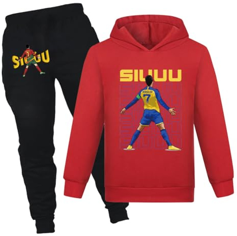 Conjunto de 2 piezas de sudadera con capucha y pantalones de fútbol unisex para niños, Rojo 01, 9-10 años