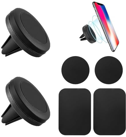 Lot de 2 Support Téléphone Magnétique Voiture Attache Téléphone Portable pour La Voiture, Porte Aimant Telephone avec Rotation à 360 Degrés, Fixation Sécurisée, pour Tableau de Bord et Ventilateurs