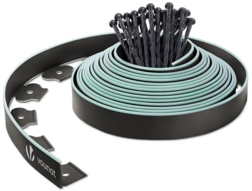 VOUNOT® Plastic Lawn Edging Border with 30 Ground Anchors, 10m Flexible Garden Edging Strip for Grass, Paths, Gravel or Flower Beds, Weatherproof Landscape Border, 5cm High, Black & Green Outline Edge