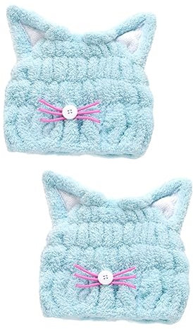 Healeved 2pcs Furry Cat Ear Headband Hair-drying Bathing Cap Water-absorption Shower Cap Fast Dry Pet Kitten Home Travel Random Style