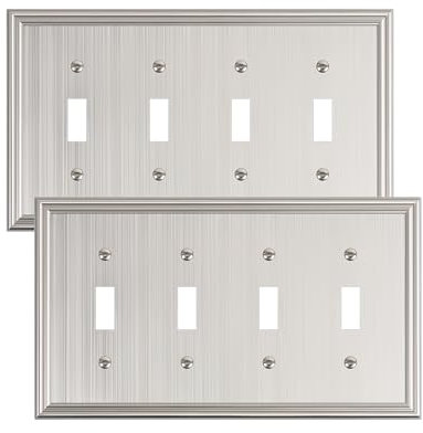TREEWELL 2-Pack Quad Toggle Light Switch Cover Plate, Durable Zinc Alloy Decorative Switch Plate Covers, Brushed Nickel 4 Gang Wall Plate for Toggle Light Switch and Rotary Dimmer Switch