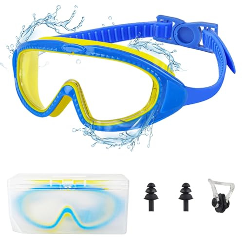 Mezere Kids Swimming Goggles 6-14 Kids Goggles Wide Vision Childrens Swimming Goggles for Boys Girls Swim Glasses,No Leaking, Anti Fog, UV Protection Nose Clip and Earplugs
