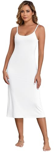 Qzzater Long Slip Dress for Women, Basic Adjustable Spaghetti Straps Cami Slip Dress Soft Crew Neck Nightgown Under Dresses White Medium
