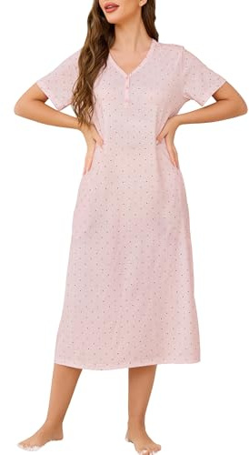 Lovasy Women's Nightdresses & Nightshirts Long Cotton Nightdresses for Women UK Button V Neck Nighties for Women Soft Night Dress Women UK Loose Fit Ladies Nighties with Pockets,Pink Dot,S