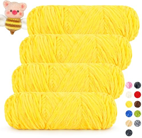 Coopay Samt Chenille Wolle zum Häkeln, 400g (4x100g) Velvet Chenillegarn, Super Flauschige Dicke Wolle zum Stricken, Weiche Samtig Chenillewolle für Schal, Decke, Pullover - Warmes Gelb