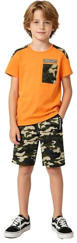 LOLANTA Completo tuta mimetica per bambini, felpa a 2 pezzi e pantaloni cargo, Arancione corto, 8-9 anni, 140