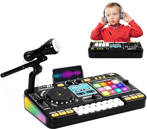 EULEUY Mesa de Mezclas DJ Infantil con Teclado Piano - Kit DJ Niños con Bluetooth, Micro y Altavoz - Piano para Niños, Instrumentos Musicales Infantiles con 12 Pistas MIDI - Regalo Niña y Niño 3 Años