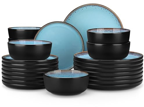 vancasso Plates and Bowls Sets, 24 Pieces Stoneware Dinnerware Sets for 8, Kitchen Dish Set Mircowave and Dishwasher Safe Dinner Set Ceramic Dishware, Sky Blue, Series AMBER