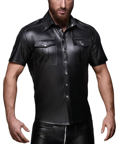 Duohropke Camicia in pelle da uomo, effetto laccato, effetto bagnato, a maniche corte, in ecopelle, per il tempo libero, slim fit, in lattice lucido, top muscolare, sexy, con risvolto button down