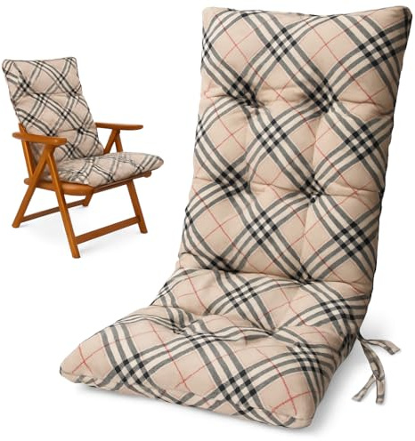 HAND Cuscino Ricambio per Poltrona Relax Harmony – Cuscino Sedia Sdraio 110x45x5 cm – Imbottito, con Elastico e Laccetti – Compatibile Sedie Legno Ferro PVC – Fantasia Beige Scozzese