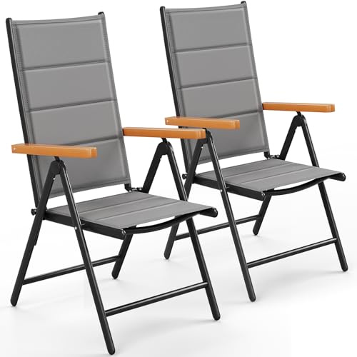 LIFERUN Gartenstühl Hochlehner Klappbar, 2er Set Aluminium Balkonstuhl, WPC Armlehnen, mit Gesteppte Rückenlehne & Sitzfläche,7-Fach Verstellbar,Bis 120 kg, Outdoor Esszimmerstuhl, Grau, 2 PCS