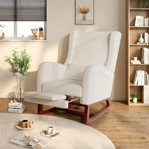Sillón mecedora, sillón de relax con reposapiés, sillón de lactancia, silla basculante con cojín lumbar y 2 bolsillos laterales, silla de lectura cómoda de madera para salón, dormitorio, balcón