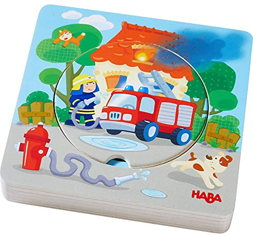 HABA 303252 - Holzpuzzle Feuerwehr-Einsatz , Puzzlespaß in 5 Schichten , Holzspielzeug ab 12 Monaten , 6 Stabile Holzteile mit bunten Feuerwehrmotiven