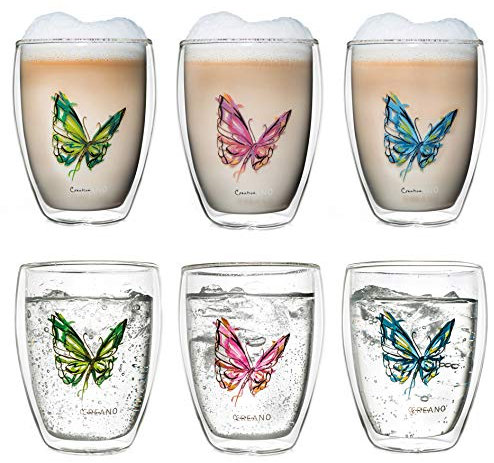 Creano doppelwandiges Tee-Glas, Latte Macchiato, Thermobecher Schmetterling | 250ml in exklusiver Geschenkbox (6er Set)