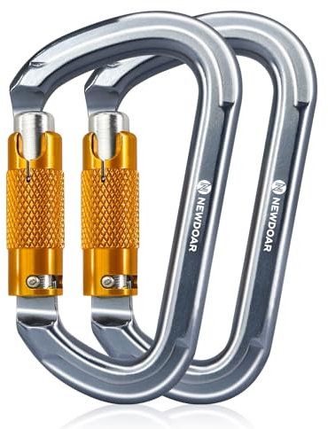 NewDoar 28KN Automatischer Kletter Karabiner, Verschlussclips, D-förmiger Hochleistungs Karabiner für Camping, Wandern, Schaukeln, Hängematten, Abseilen (Grau, 2 Stück)