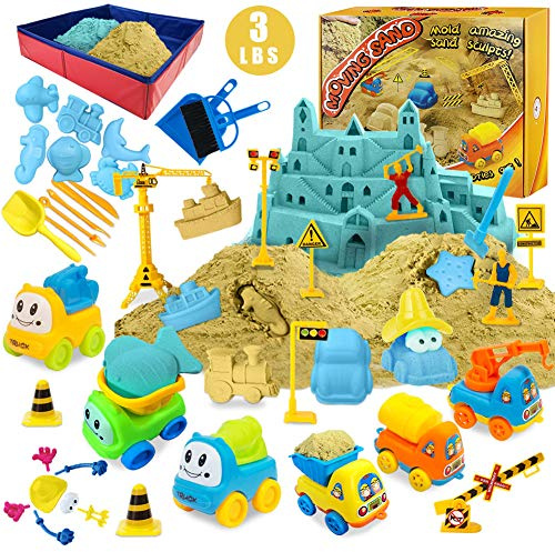 Play Construction Sand Kit - 3lbs Sand with 2 Colours, 6 Mini Construction Trucks, Construction Toys and Signs Gifts for Boys Girls