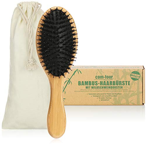 COM-FOUR® Spazzola per capelli in bambù premium, spazzola per capelli multiuso realizzata con legno di bambù sostenibile e setole di cinghiale (1 pezzo - Spazzola per capelli di cinghiale)