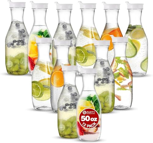 PARTY BARGAINS 50 oz Plastic Carafe with White Flip-Tab Lid, Clear – 12 Pack Heavy-Duty Spill-Resistant Pitchers for Iced Tea, Juice, Cold Beverages, Powdered Drinks, Mimosa