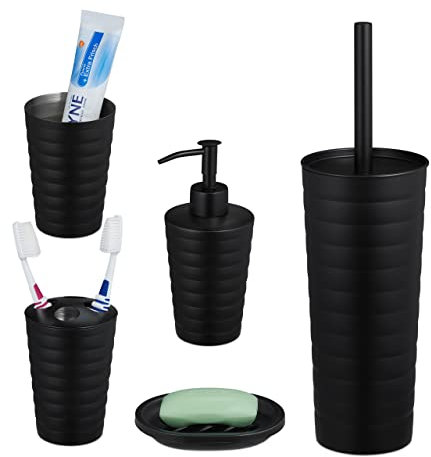 Relaxdays Bagno Completo 5 Accessori, Acciaio Inox Spazzolato, Scopino WC, Portaspazzolino, Sapone e Saponetta, Nero, Set da 1