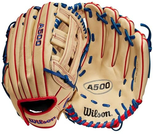 WILSON A500 12” Utility Youth Baseball Glove - Right Hand Throw, Blonde/Red/Royal