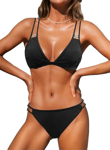 NLAND Maillot de Bain Femme 2 Pieces Ensembles Bikini avec Réglable Halter Bikini Triangle Top Taille Basse Bas de Maillot String Swimwear Beachwear(Noir,S)