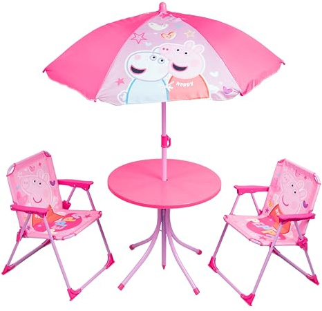 Relsy Peppa Pig Pink Patio Set Kid's Garden Furniture 4-Piece Kids Patio Set With Table, 2 x Chairs, Adjustable Parasol Cartoon Design For Children (Peppa Pig)