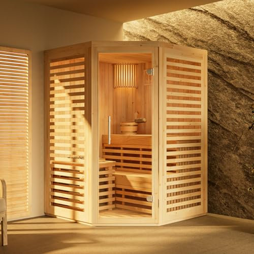 FinnTherm Innensauna Svala, Ecksauna mit Glasfront, 68 mm Wandstärke, 2 Personen