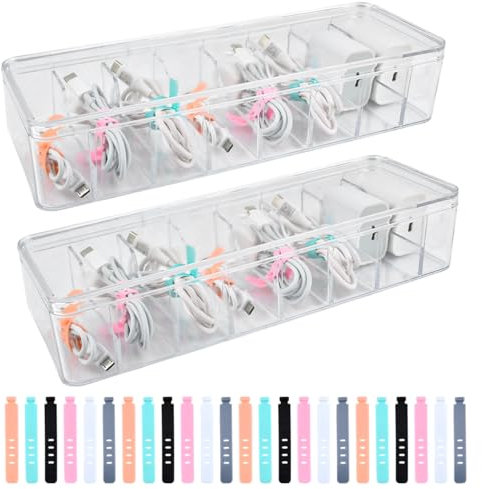 2Pcs Boîte de Rangement Câbles avec Couvercle, OctBird Boite Rangement Cable et Chargeur 8 Compartiments Boîte Rangement Câble Usb avec 24 Serre-câbles Coloré, Boîte Organisateur Câble Transparente