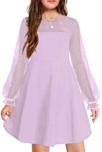 Arshiner Girls Dress Plain Puff Long Sleeve Skater Dress Party Birthday Dress with 2 Side Pockets Casual Dresses Purple 140 9-10 Years