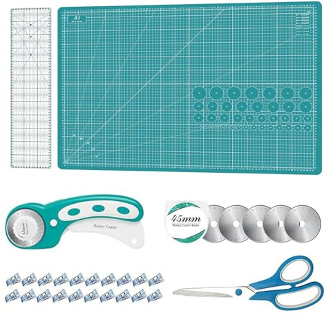 Rotary Cutter Set Green- Quilting Kit incl. 45mm Fabric Cutter, 5 Extra Rotary Blades, A1 Self Healing Cutting Mat, Acrylic Ruler and Sewing Clips, Scissors, Ideal for Crafting, Sewing, Patchworking